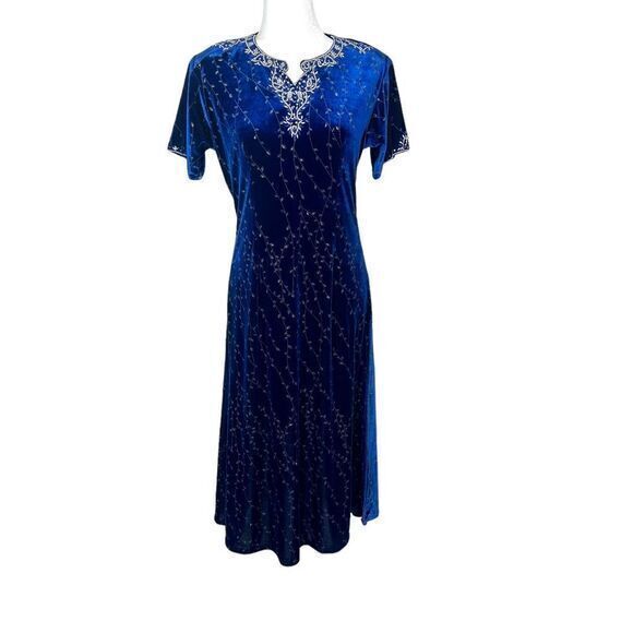 Vintage Velvet Maxi Dress Blue Fit & Flare Embroidered High Side Silver V Neck - Picture 1 of 16